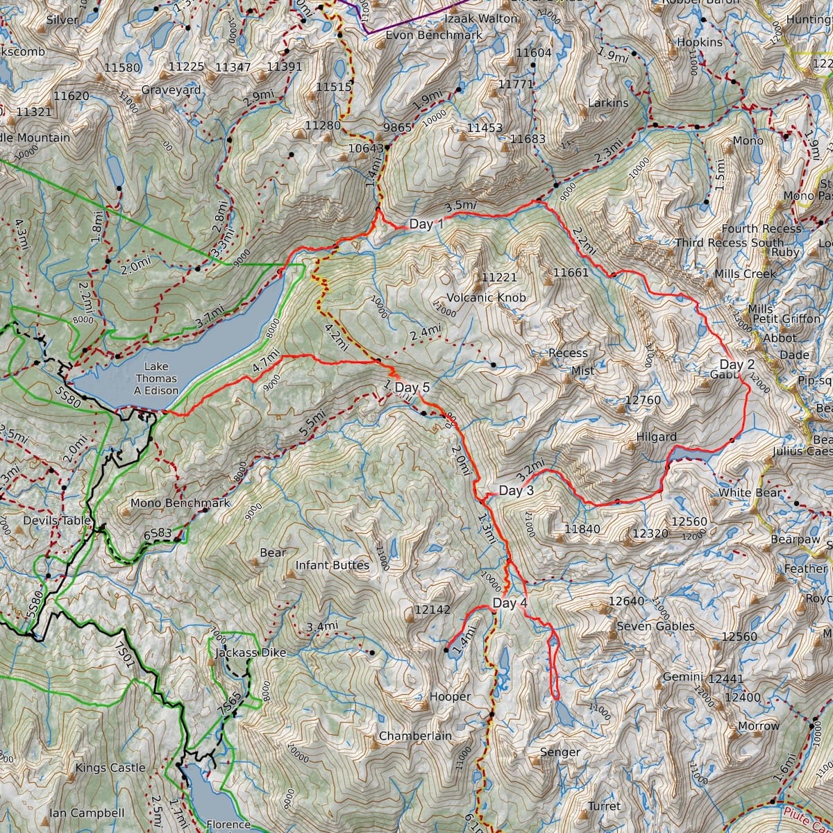 Map of our five day backpacking route.